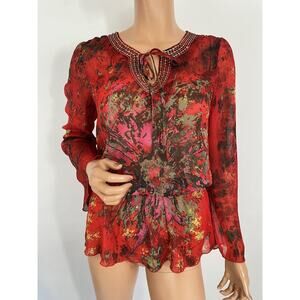 mushka by sienna rose top Size Small Red Printed Chiffon Elastic Waist.